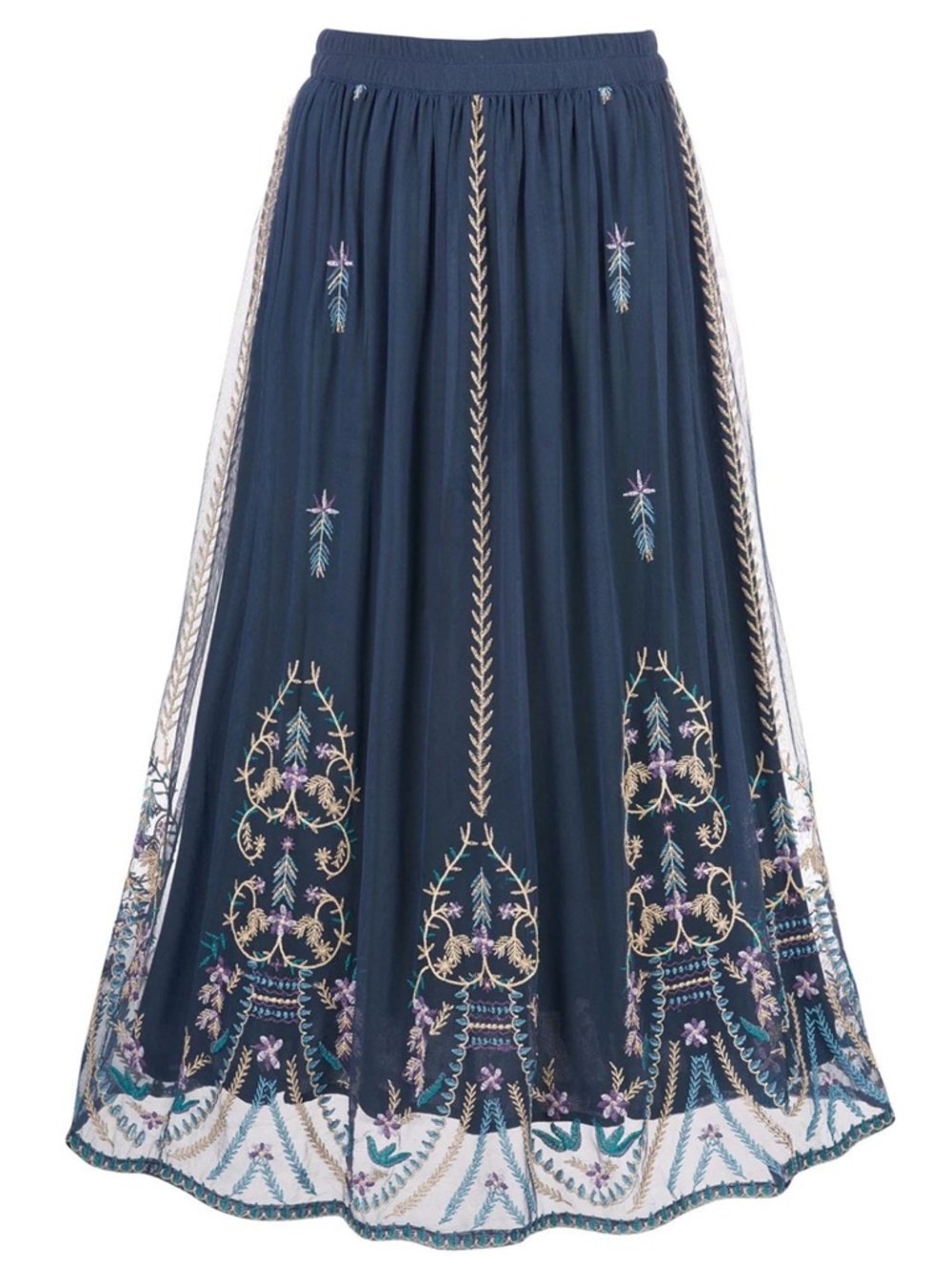 Avani Wander In Embroidered Maxi Skirt Navy Blue Whimsical Fairycore Bohemian